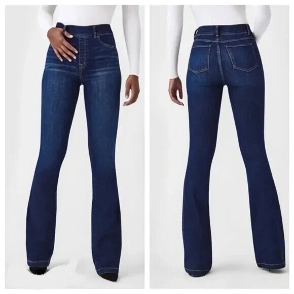 Spanx Wide Leg Pull On Women Jeans Size 1X Tall Blue Distressed Cotton